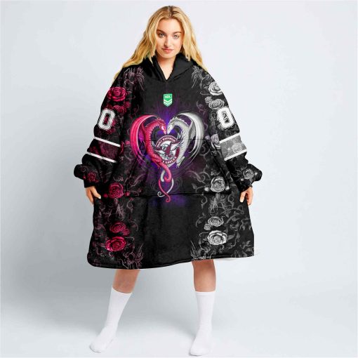 Personalized NRL Manly Warringah Sea Eagles Rose Dragon Oodie, Flanket, Blanket Hoodie, Snuggie | CoolGift99