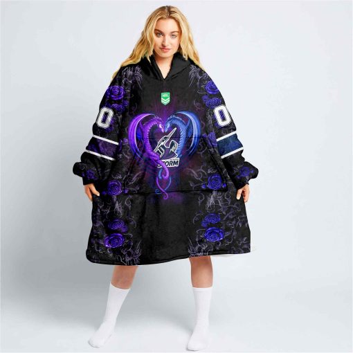 Personalized NRL Melbourne Storm Rose Dragon Oodie, Flanket, Blanket Hoodie, Snuggie | CoolGift99