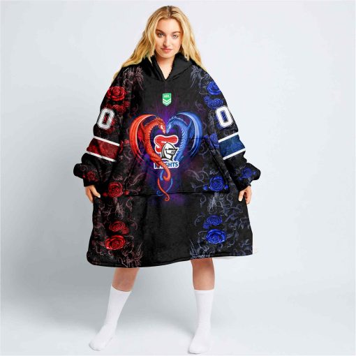 Personalized NRL Newcastle Knights Rose Dragon Oodie, Flanket, Blanket Hoodie, Snuggie | CoolGift99