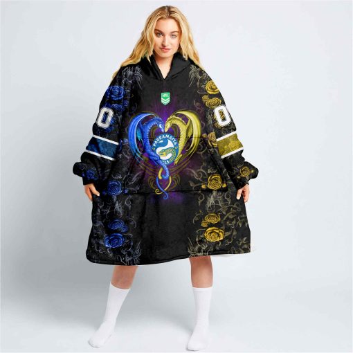 Personalized NRL Parramatta Eels Rose Dragon Oodie, Flanket, Blanket Hoodie, Snuggie | CoolGift99