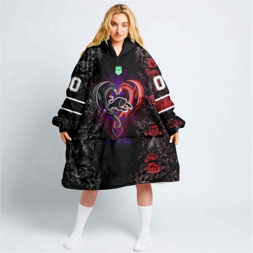 Personalized NRL Penrith Panthers Rose Dragon Oodie, Flanket, Blanket Hoodie, Snuggie | CoolGift99