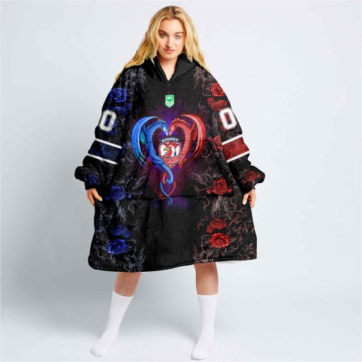 Personalized NRL Sydney Roosters Rose Dragon Oodie, Flanket, Blanket Hoodie, Snuggie | CoolGift99