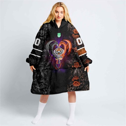 Personalized NRL Wests Tigers Rose Dragon Oodie, Flanket, Blanket Hoodie, Snuggie | CoolGift99