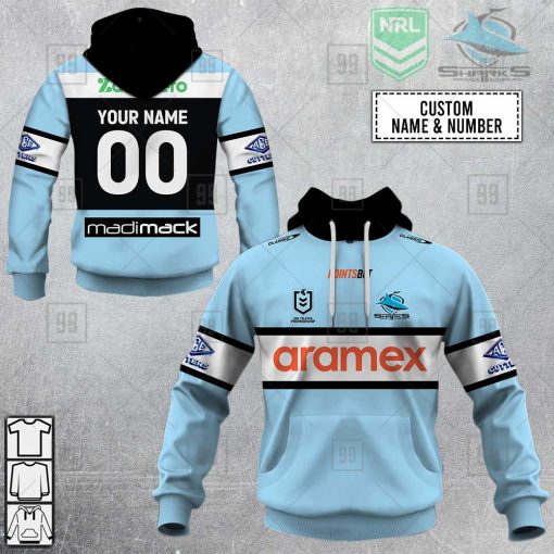 Personalized NRL Cronulla Sutherland Sharks Home Jersey Style Hoodie, T Shirt, Zip Hoodie, Sweatshirt