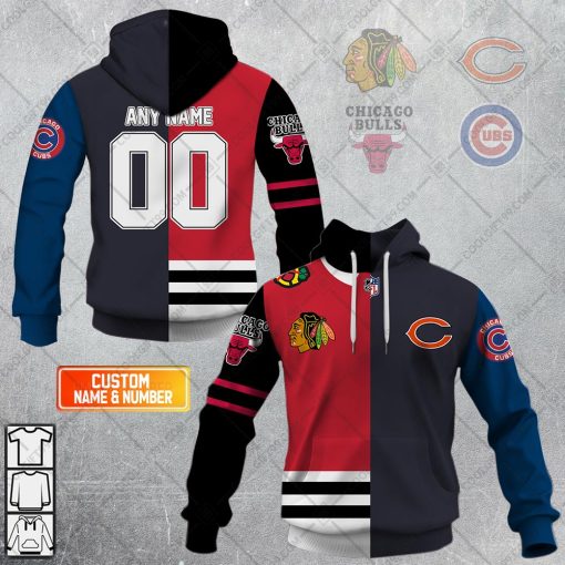 Personalized Chicago Blackhawks, Chicago Bears, Chicago Cubs, Chicago Bulls Mix Jersey Style Hoodie, T Shirt, Zip Hoodie, Sweatshirt