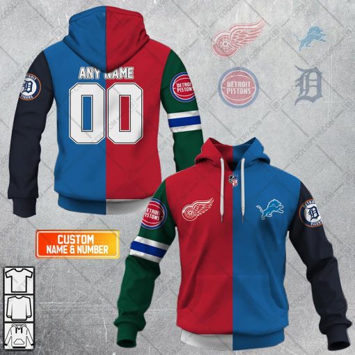 Personalized Detroit Red Wings, Detroit Lions, Detroit Tigers, Detroit Pistons Mix Jersey Style Hoodie, T Shirt, Zip Hoodie, Sweatshirt