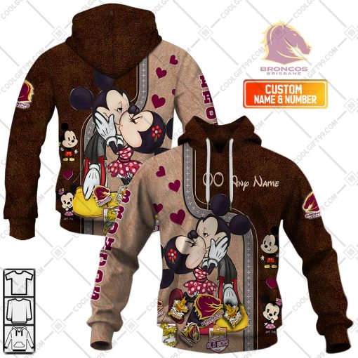 Personalized NRL Brisbane Broncos Mickey and Minnie Design | Hoodie, T Shirt, Zip Hoodie, Sweatshirt